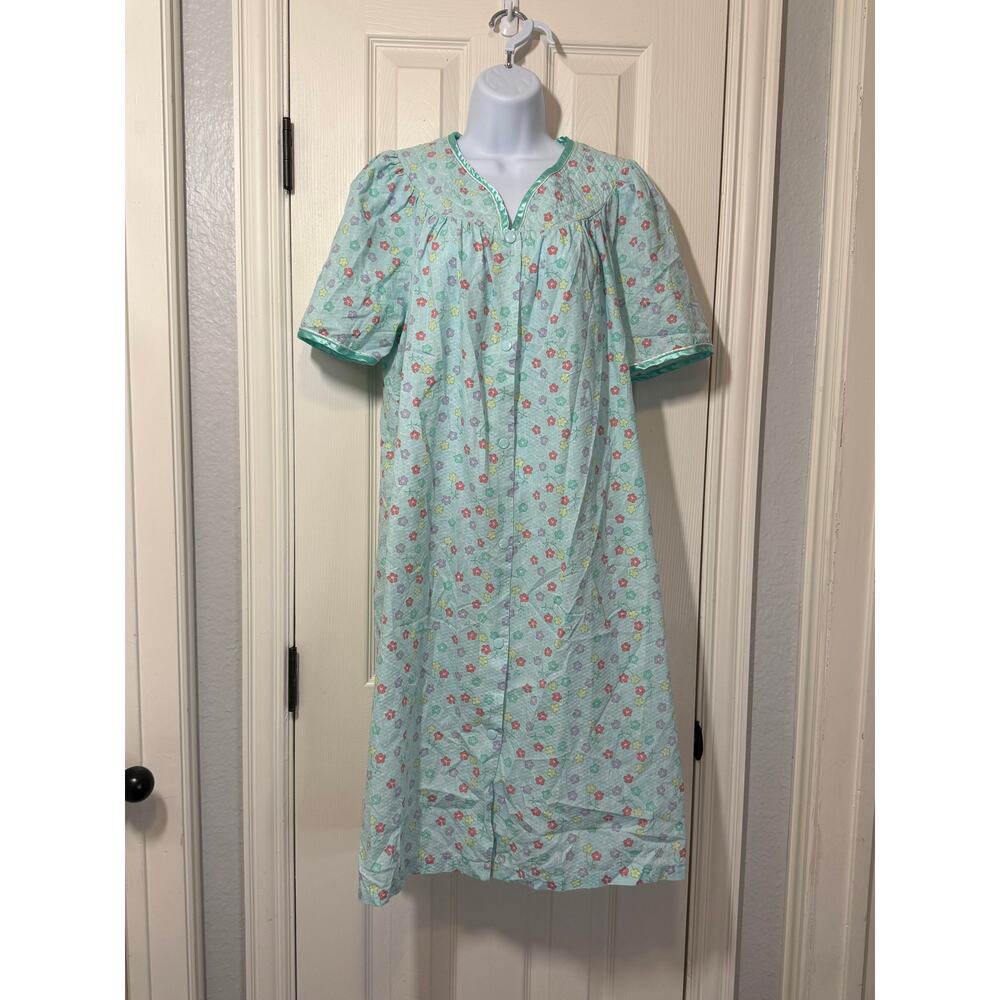 Coastal Grandma Snap Front House Dress M Floral Cotton Lounge Vintage Style